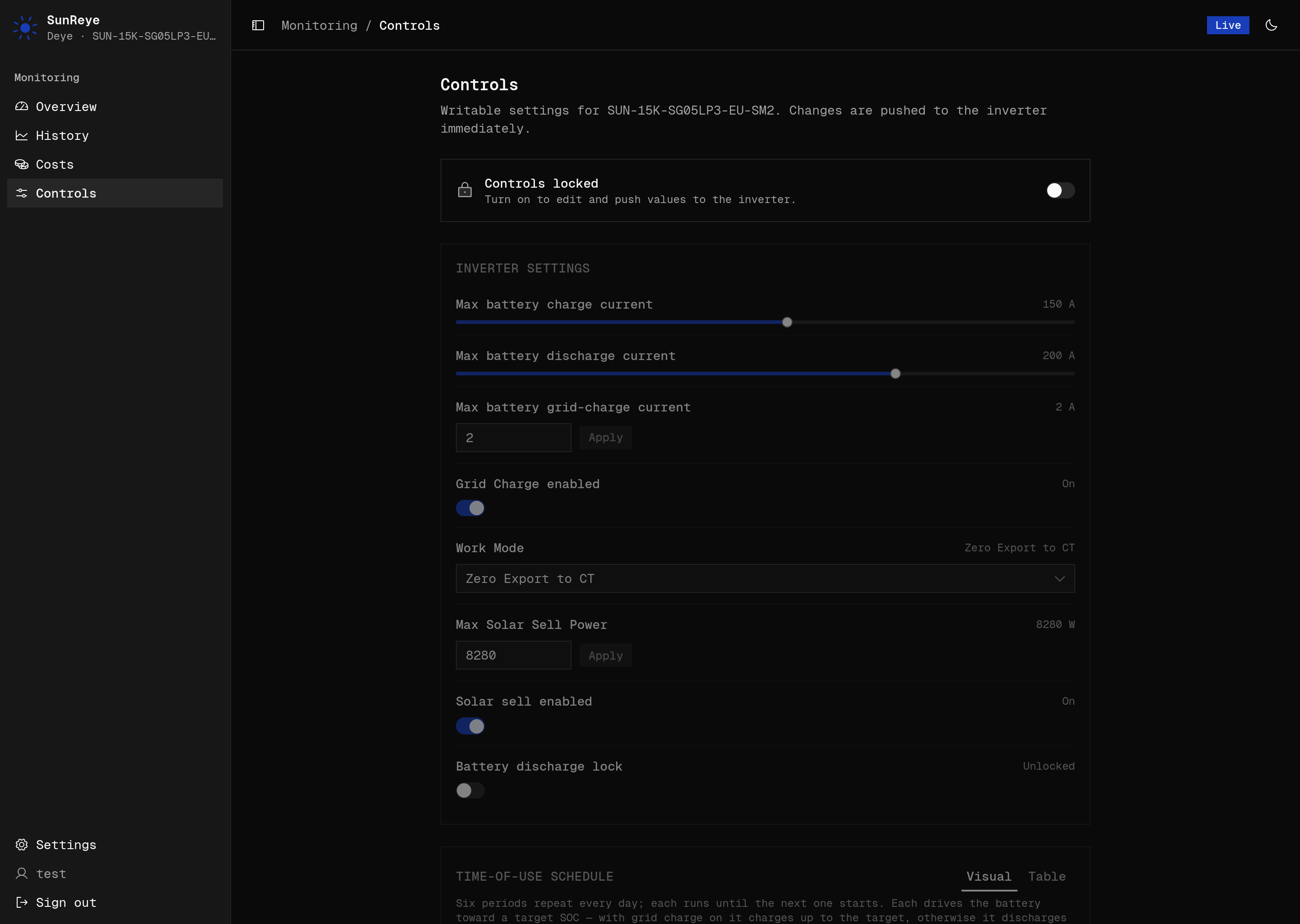 The Controls screen: writable settings rendered as inputs, switches, and selects.