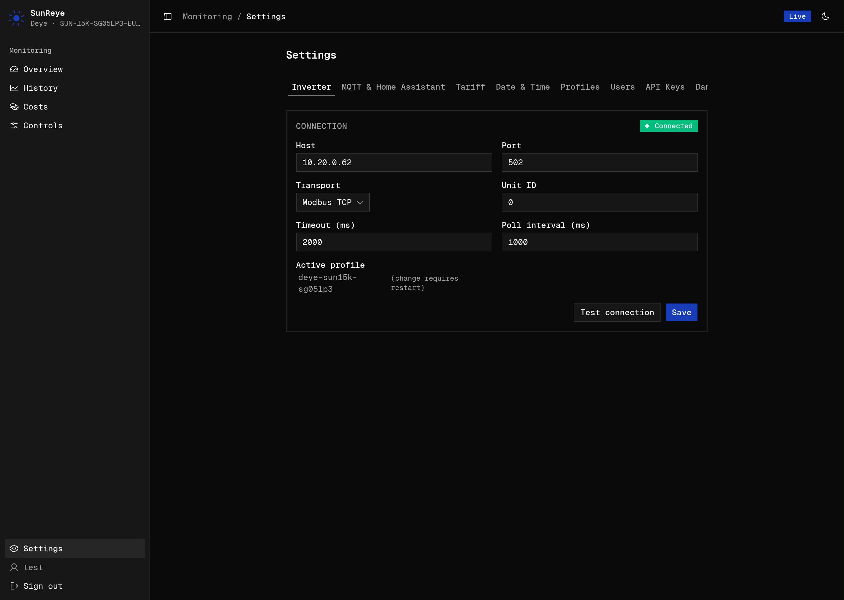 Settings → Inverter: Modbus connection fields with a live status badge and Test connection.