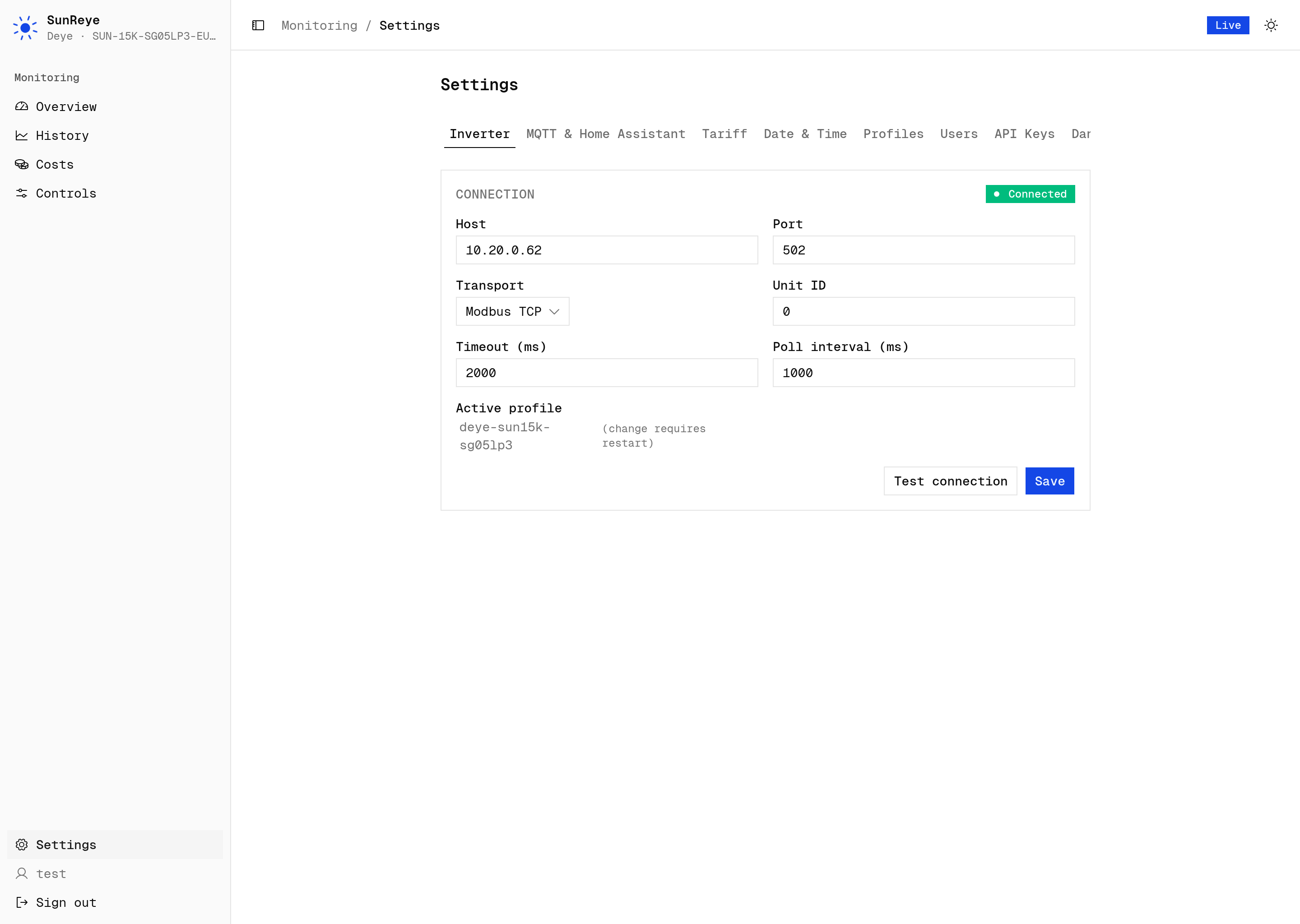 Settings → Inverter: Modbus connection fields with a live status badge and Test connection.